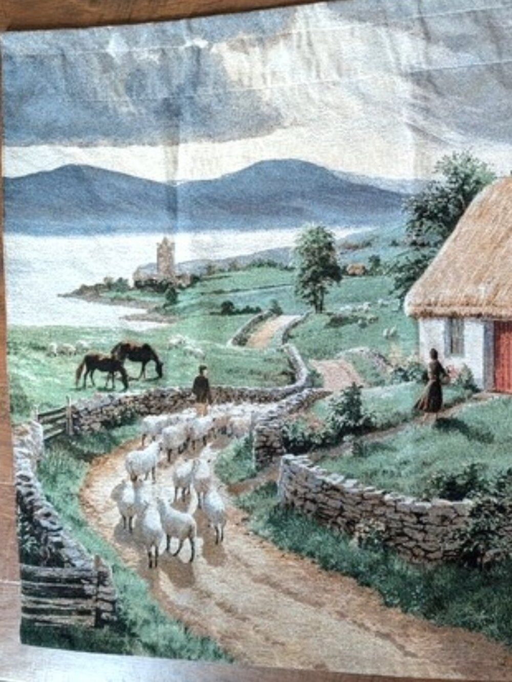 Cotton Rural Cottage Tapestry Wall Hanging Thatched Cottages and Cart 54"x38" - Picture 4 of 7